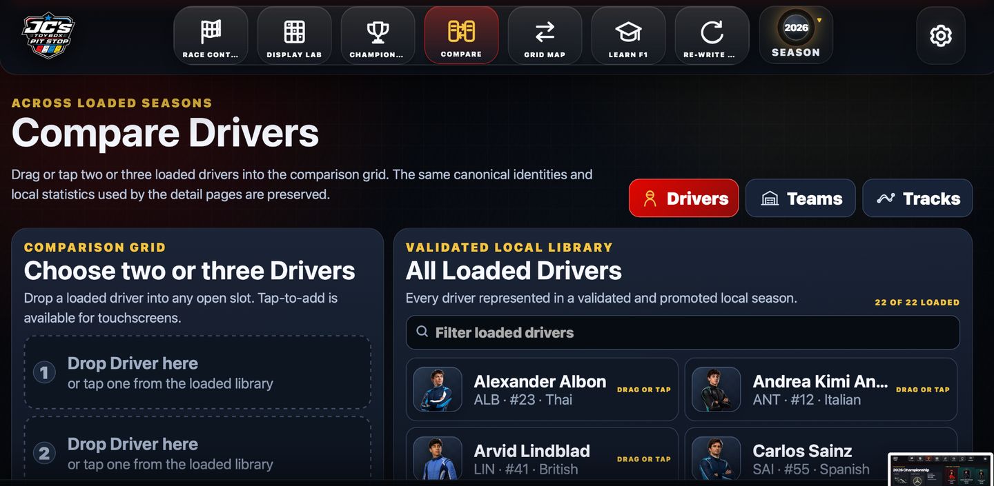 Compare screen from the JC's Pit Stop Console