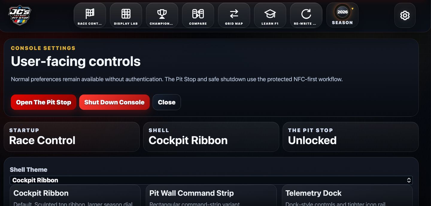 The Pit Stop & Settings screen from the JC's Pit Stop Console